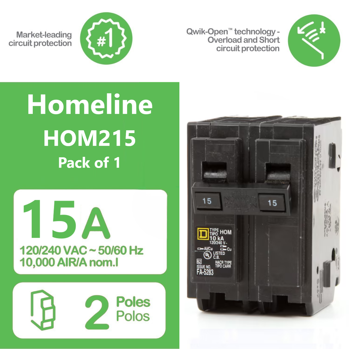 Square D Homeline 15 Amp Circuit Breaker - 2-Pole (HOM215)
