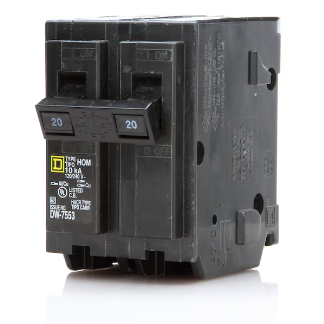 Square D HOM220 - 20 Amp Circuit Breaker, Homeline, 2 Pole, Plug In 20A, 120/240VAC (Copy)
