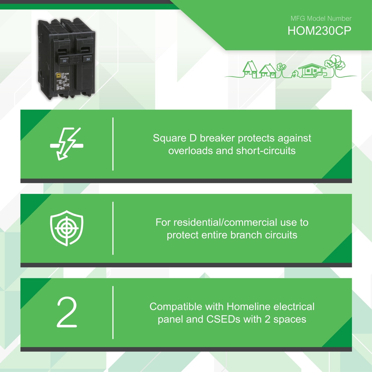 Square D 30 Amp Circuit Breaker, Homeline HOM230, 2 Pole, Plug In 30A, 120/240VAC