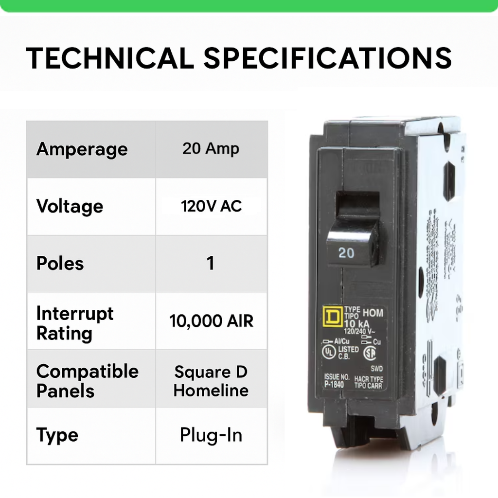 Hom120 Square D Homeline 20 Amp Circuit Breaker - 1-Pole (HOM120 ...
