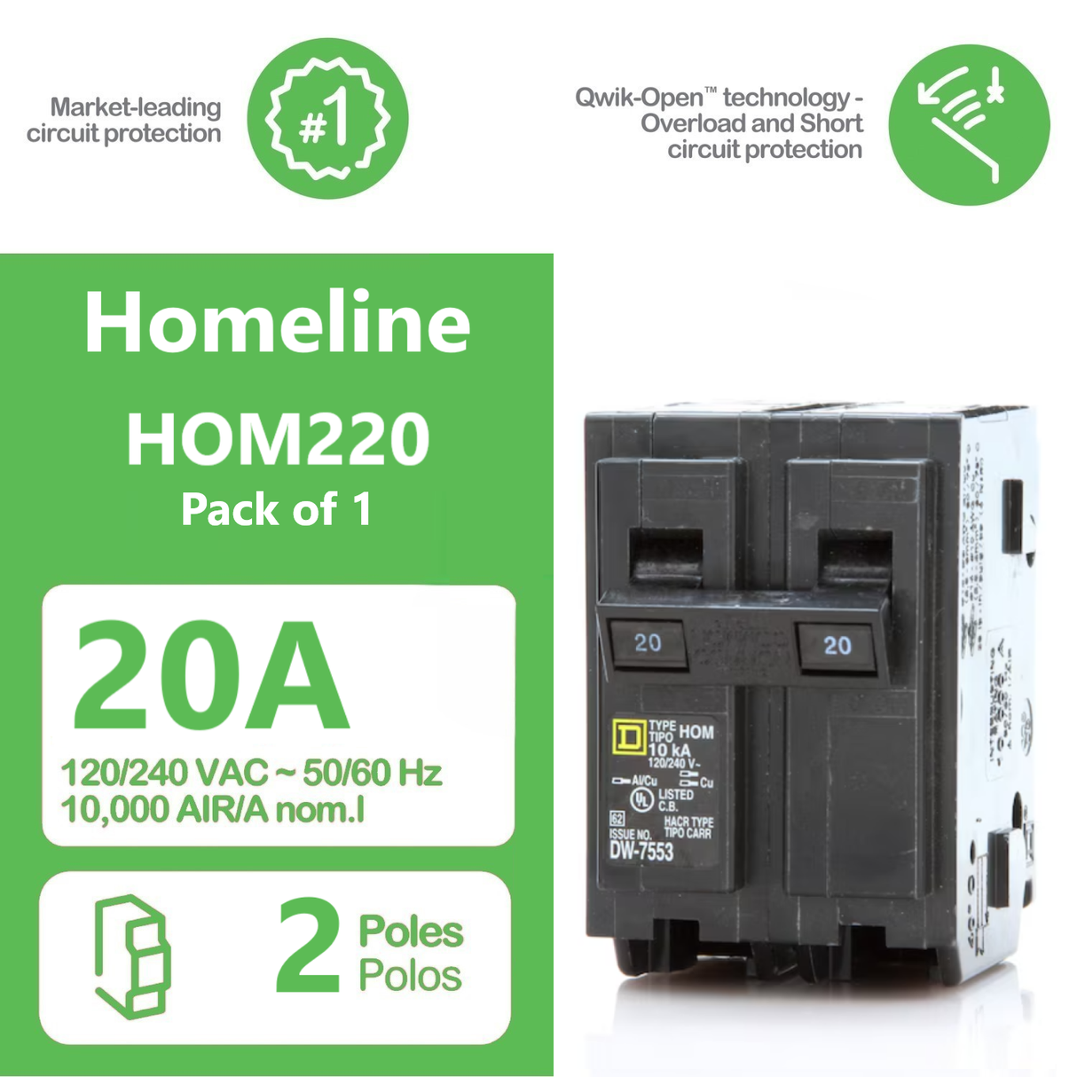 Square D Homeline 20 Amp Circuit Breaker - 2-Pole (HOM220)