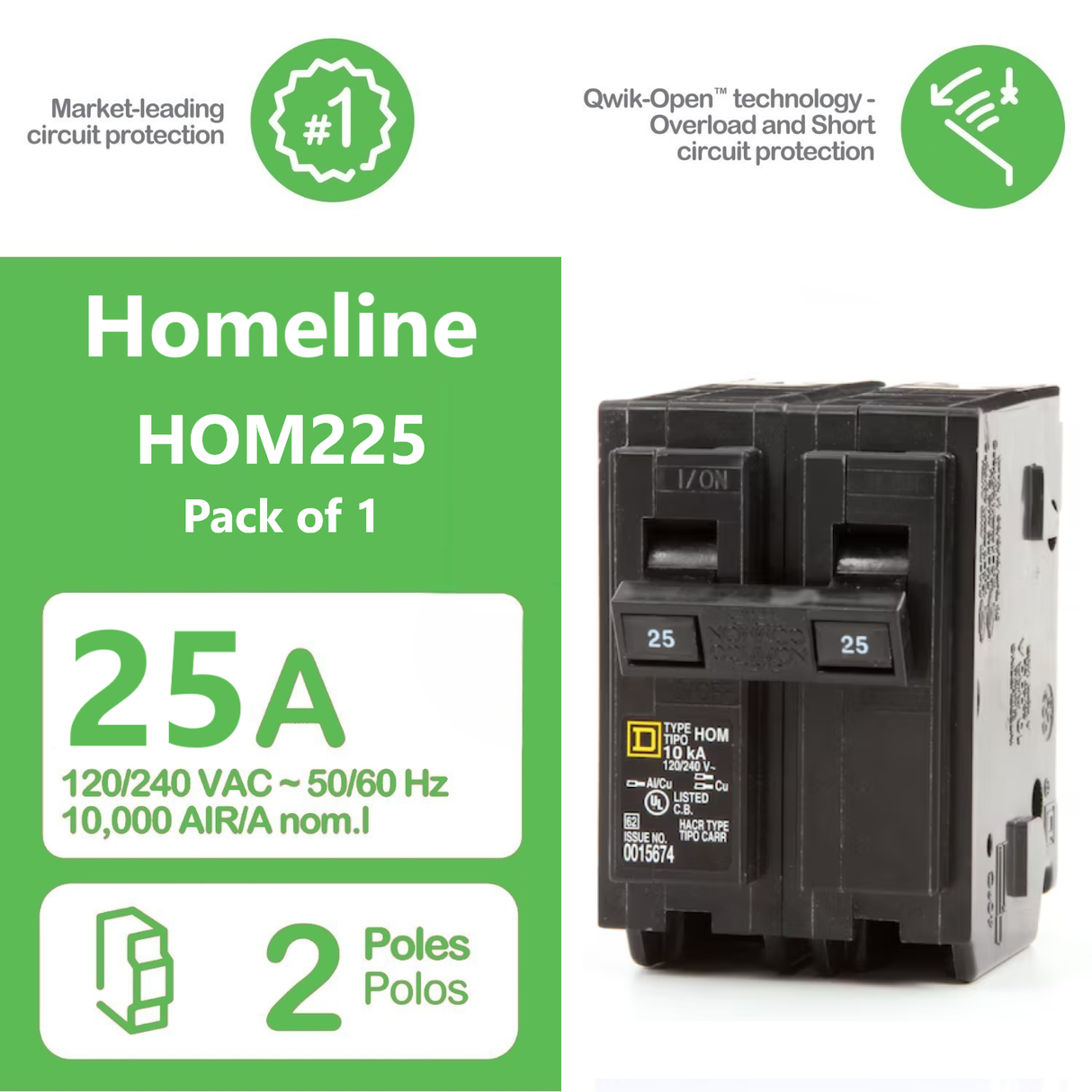 Square D Homeline 25 Amp Circuit Breaker - 2-Pole (HOM225)