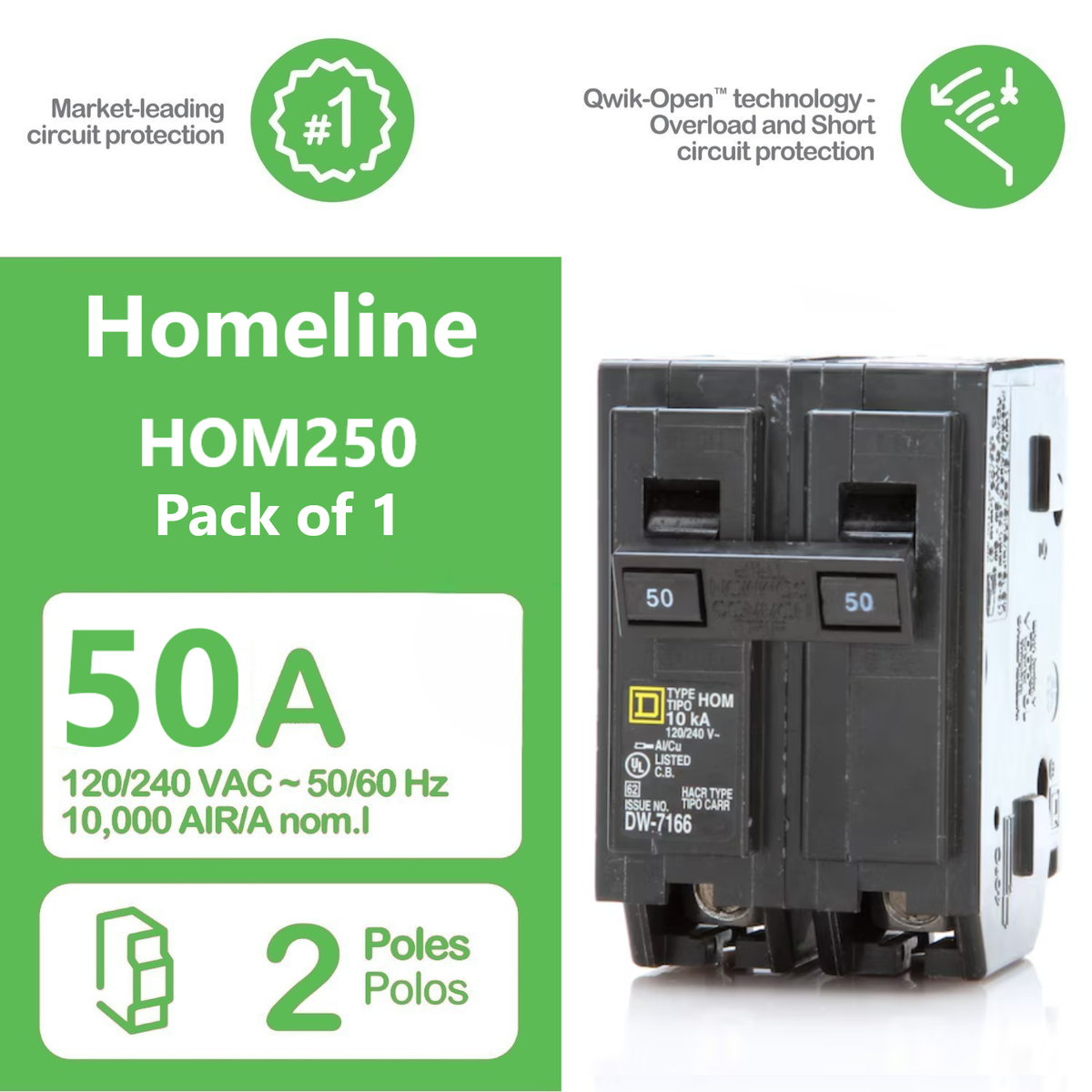 Hom250 Square D Homeline 50 Amp Circuit Breaker - 2-Pole (HOM250 ...