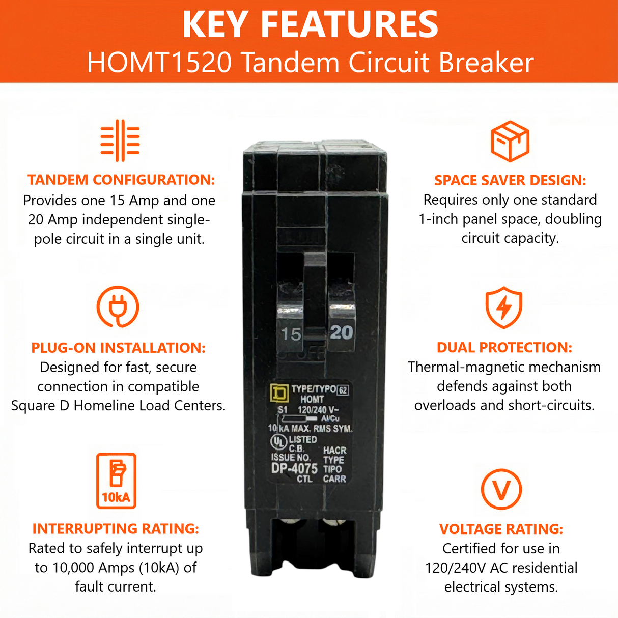 Square D Homeline Tandem 15/20 Amp Circuit Breaker - 1-Pole (HOMT1520)