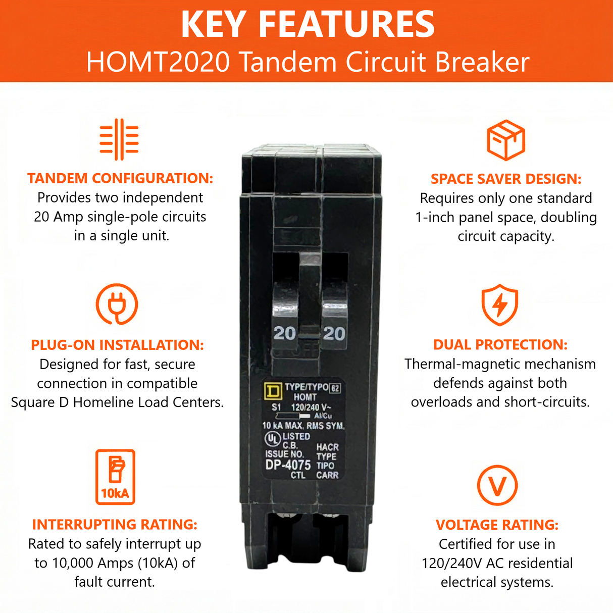 Square D Homeline Tandem 20/20 Amp Circuit Breaker - 1-Pole (HOMT2020)