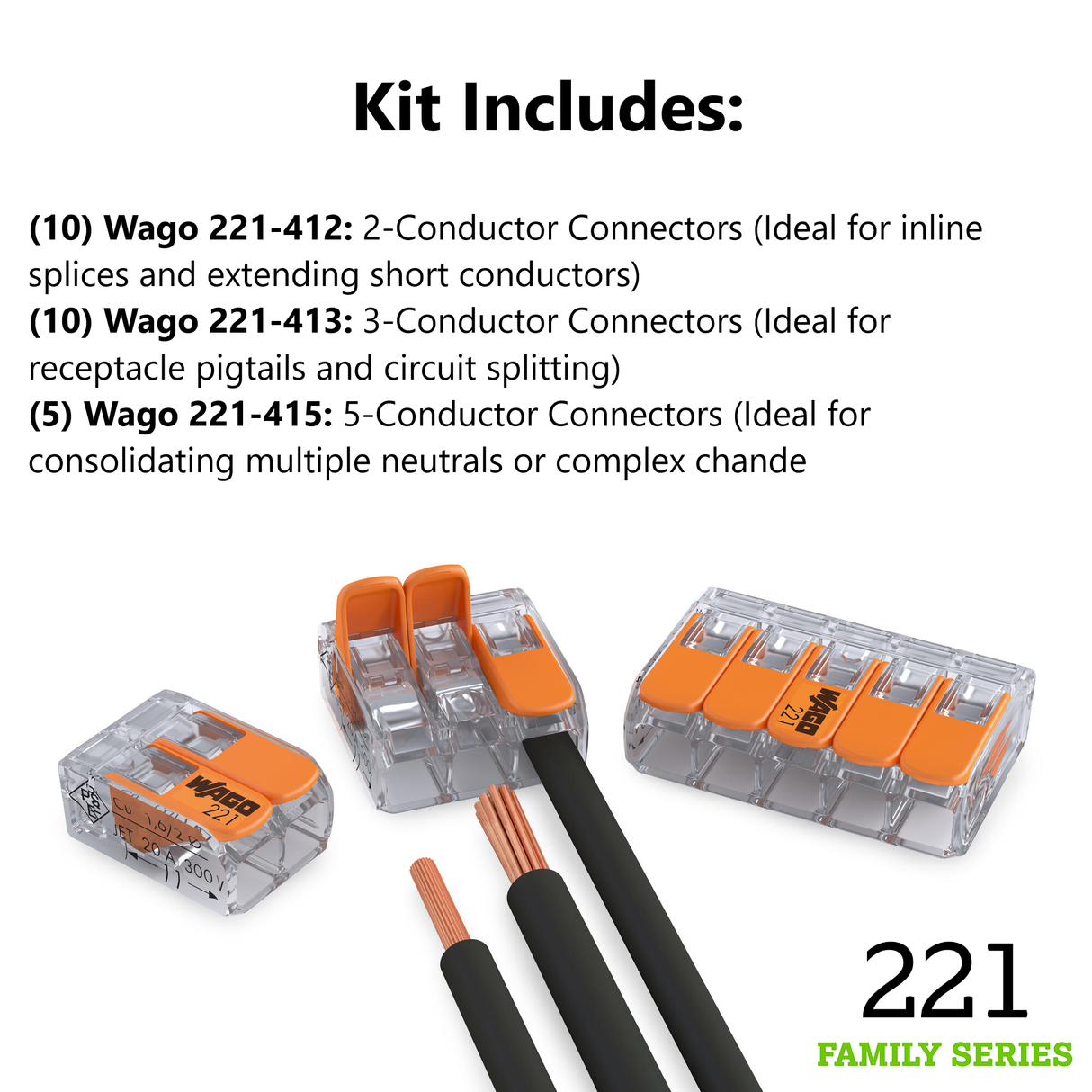 Wago Lever-Nuts Compact Splicing Connector Assortment Kit - 25-Piece (221-412, 221-413, 221-415)