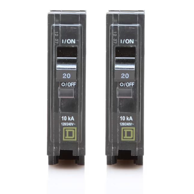 Genuine Square D QO120 QO 20 Amp Circuit Breaker (2 Pack), Single Pole, 20A, 120/240V, 10kAIC, Plug-in for QO Load Centers & Panel Box, Visi-Trip, New Replacement