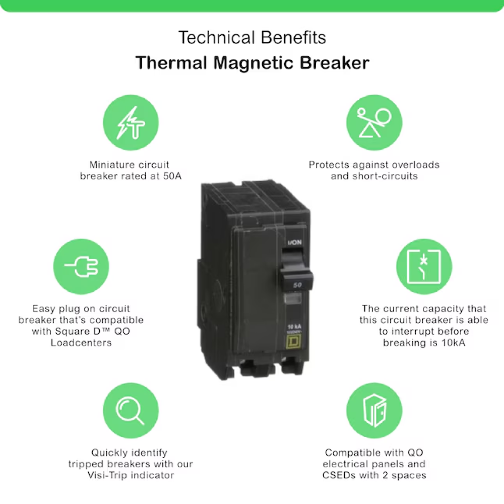 Square D QO250 – 50 Amp 50A Double Pole Plug-in QO Series Circuit Breaker